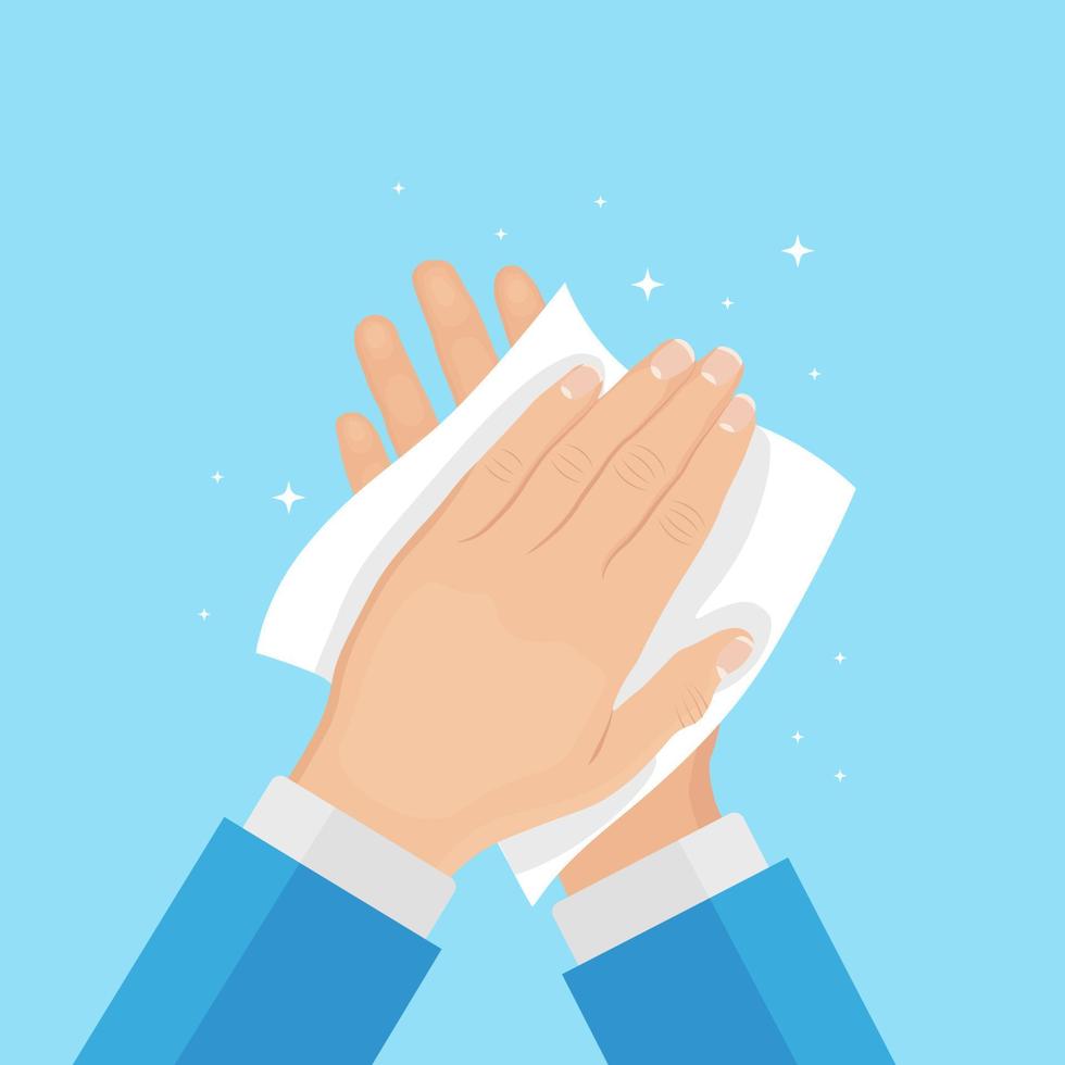 Man wipe, dry clean hands with napkins, paper towel. Hygiene, good habits concept. Vector cartoon design