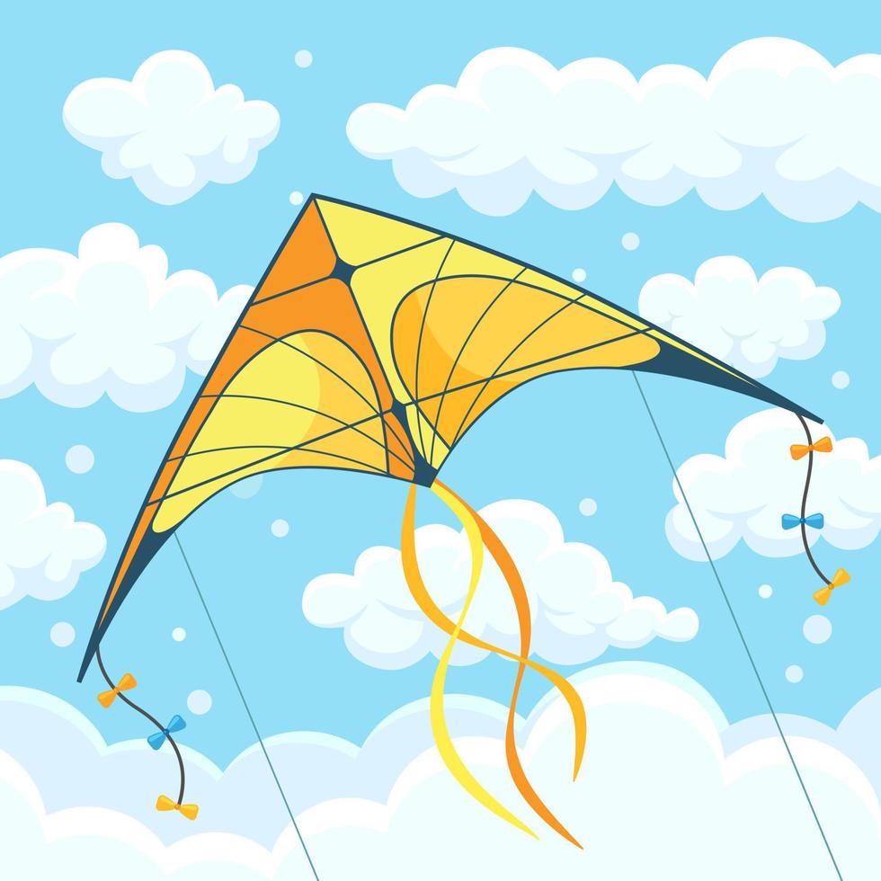 Flying colorful kite in the sky with clouds isolated on background. Summer festival, holiday, vacation time. Kitesurfing concept. Vector illustration. Flat cartoon design
