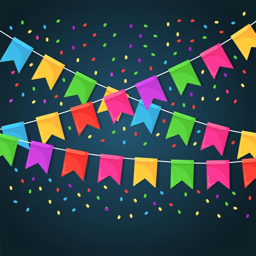 pancarta con guirnaldas de banderas y cintas del festival de colores, empavesado. fondo para celebrar la fiesta de cumpleaños feliz, carnaval, feria. diseño plano vectorial vector