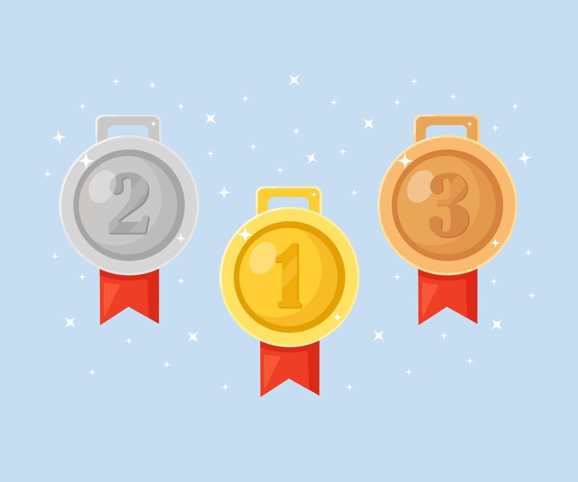 Gold, silver, bronze medal for first place. Trophy, award for winner  isolated on blue background. Set of golden badge with ribbon. Achievement, victory. Vector cartoon illustration Flat design