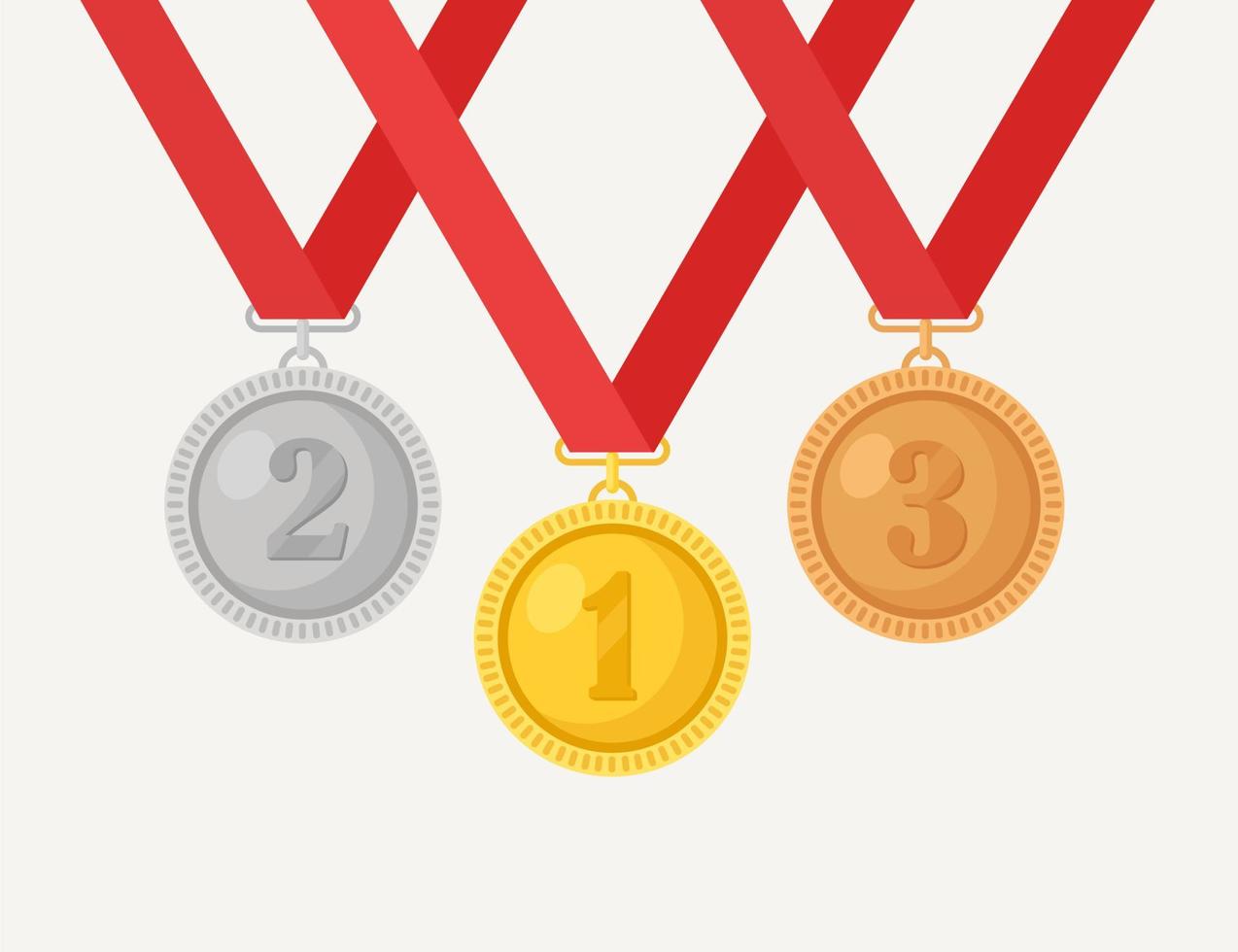 Gold, silver, bronze medal for first place. Trophy, award for winner  isolated on white background. Set of golden badge with ribbon. Achievement, victory. Vector cartoon illustration Flat design