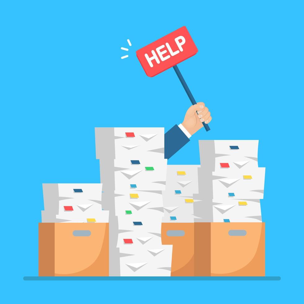 Pile of paper, document stack with carton, cardboard box. Stressed employee in heap of paperwork. Busy businessman with help sign. Bureaucracy concept. Vector cartoon design