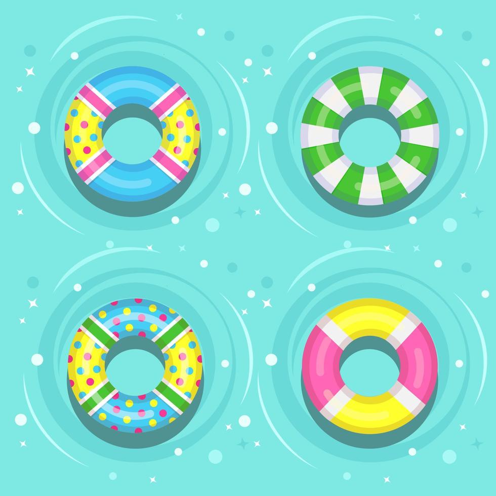 Life buoy floating in swimming pool. Beach rubber ring on water isolated on background. Lifebuoy, cute toy for children. Inflatable circle. Ship Rescue belt for saving people. Vector cartoon flat icon