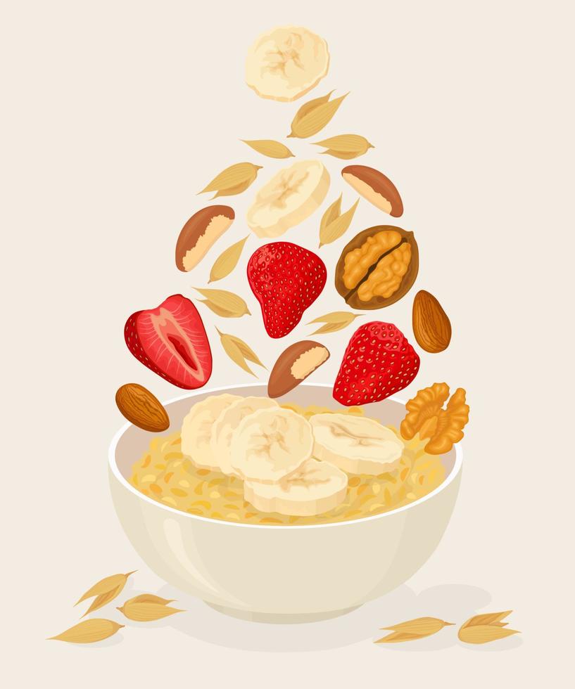 Porridge oats in bowl with bananas, berries, strawberry, nuts and cereals isolated on white background. Healthy breakfast vector