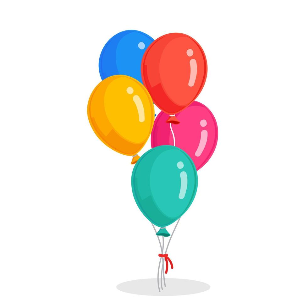 montón de globos de helio, bolas de aire voladoras aisladas en fondo blanco. feliz cumpleaños, concepto de vacaciones. decoración de fiesta diseño de dibujos animados de vectores