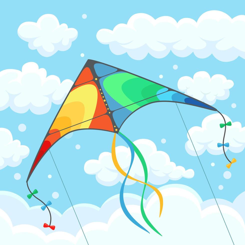 cometa de colores voladores en el cielo con nubes aisladas en el fondo. festival de verano, vacaciones, tiempo de vacaciones. concepto de kitesurf. ilustración vectorial diseño plano de dibujos animados vector