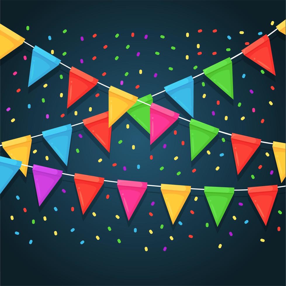 pancarta con guirnaldas de banderas y cintas del festival de colores, empavesado. fondo para celebrar la fiesta de cumpleaños feliz, carnaval, feria. diseño plano vectorial vector