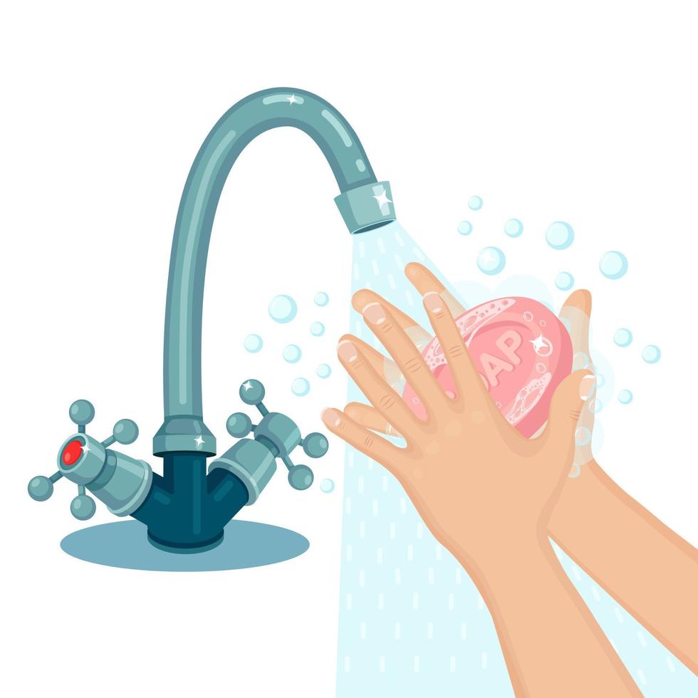 Washing hands with soap foam, scrub, gel bubbles. Water tap, faucet leak. Personal hygiene, daily routine concept. Clean body. Vector cartoon design