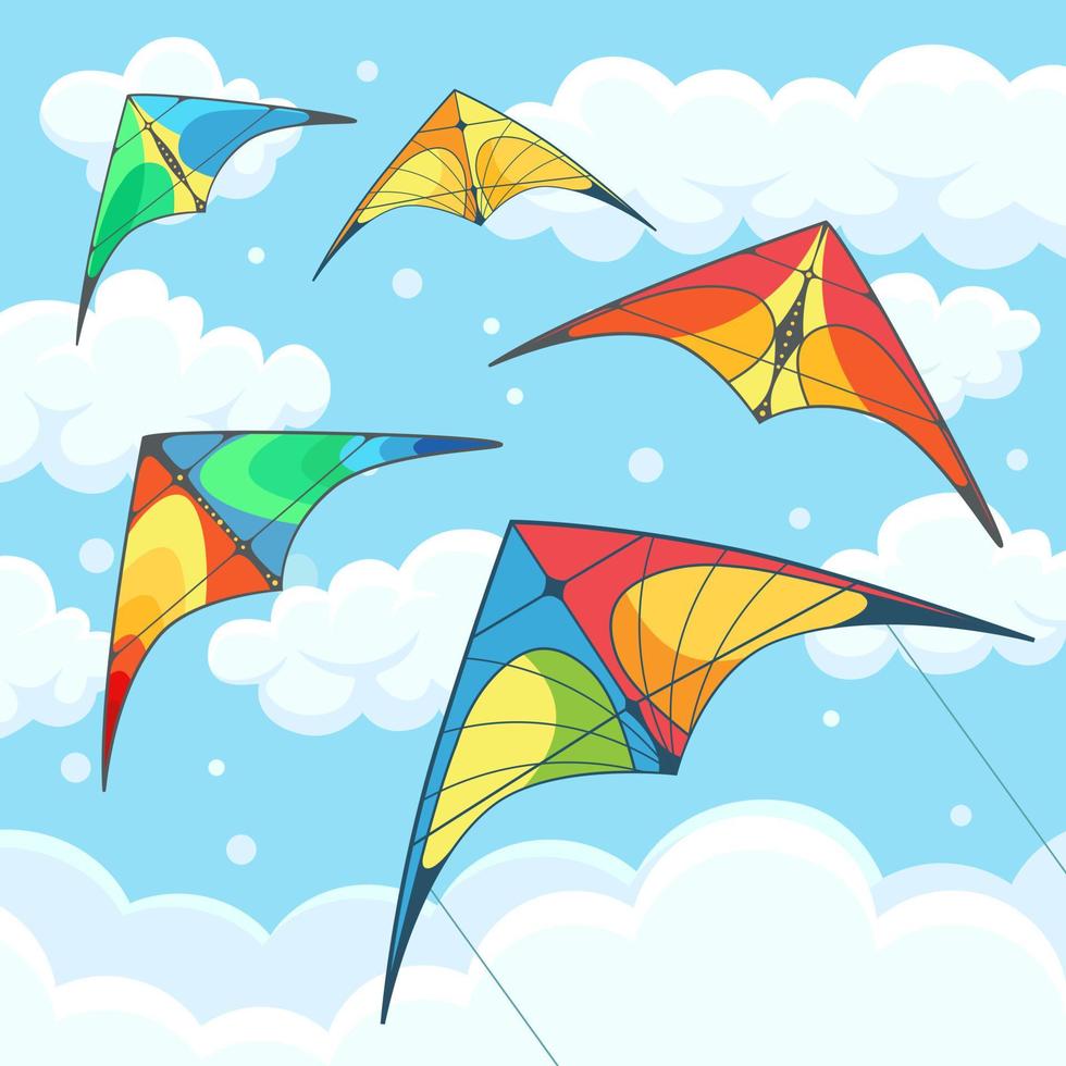 cometa de colores voladores en el cielo con nubes aisladas en el fondo. festival de verano, vacaciones, tiempo de vacaciones. concepto de kitesurf. ilustración vectorial diseño plano de dibujos animados vector