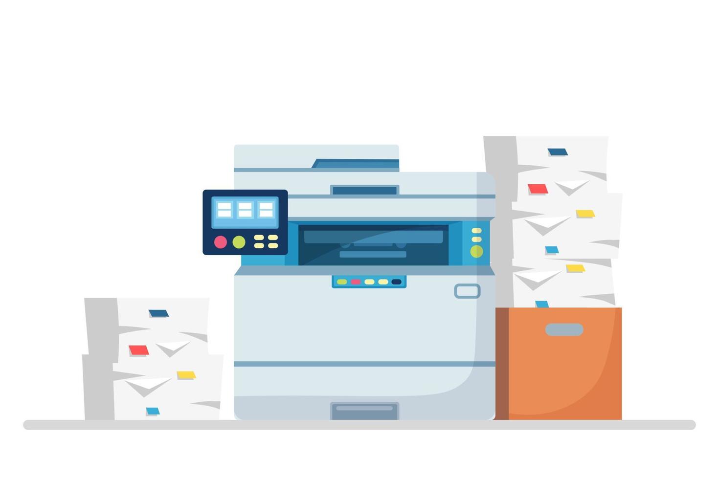 Printer, office machine with paper, document stack. Scanner, copy equipment. Multifunction device. Paperwork with carton, cardboard box. Vector cartoon design