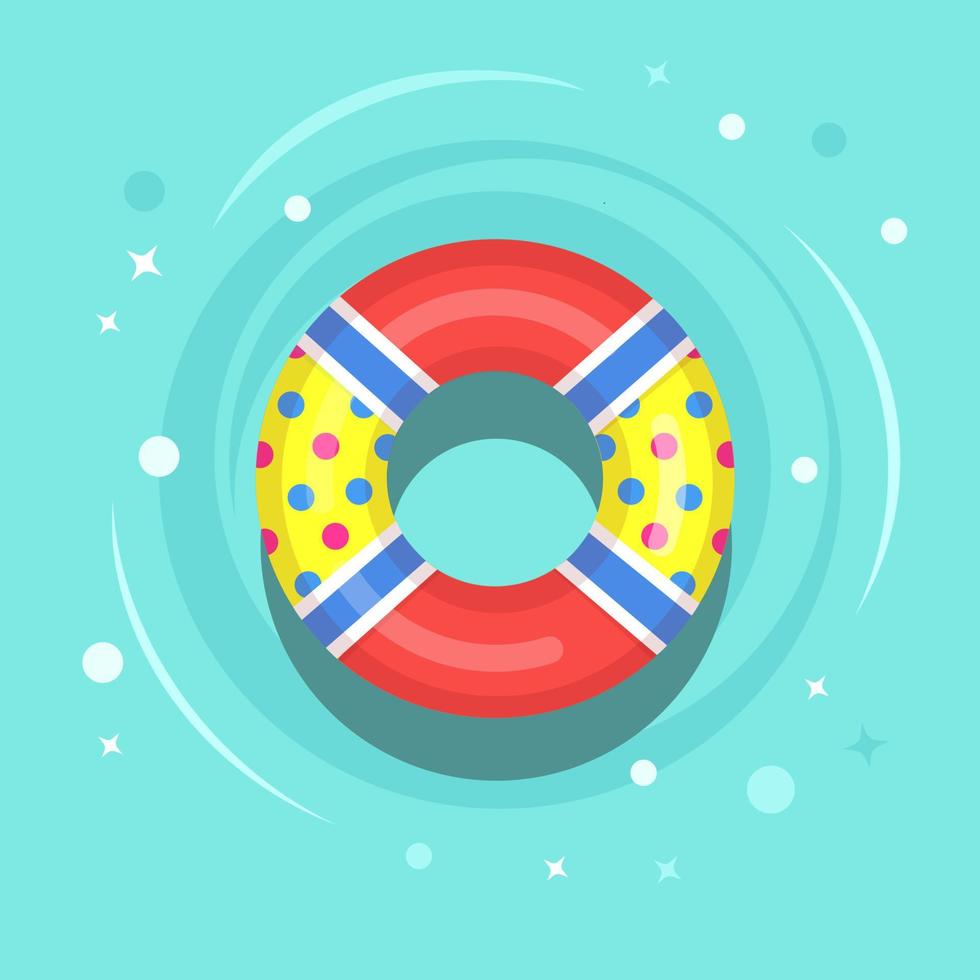 Life buoy floating in swimming pool. Beach rubber ring on water isolated on background. Lifebuoy, cute toy for children. Inflatable circle. Ship Rescue belt for saving people. Vector cartoon flat icon