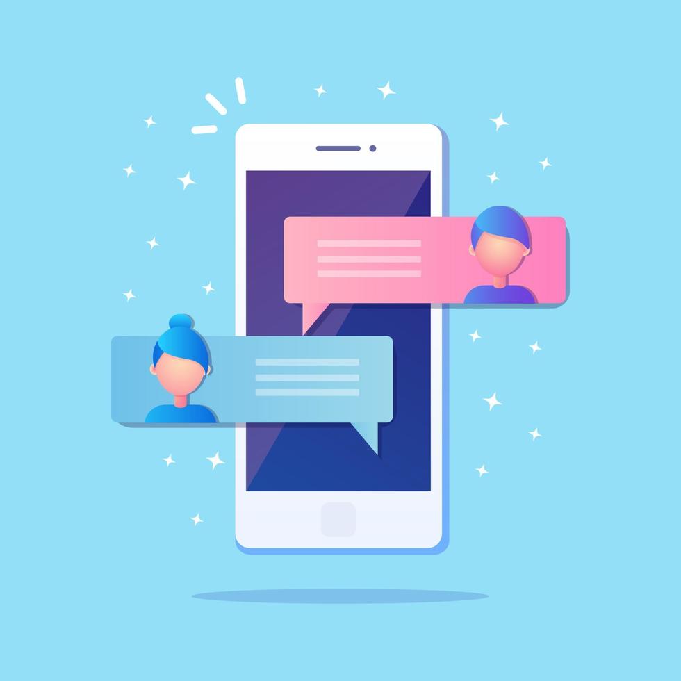 New chat messages notification on mobile phone. Sms bubbles on cellphone screen. People chatting. Vector flat design
