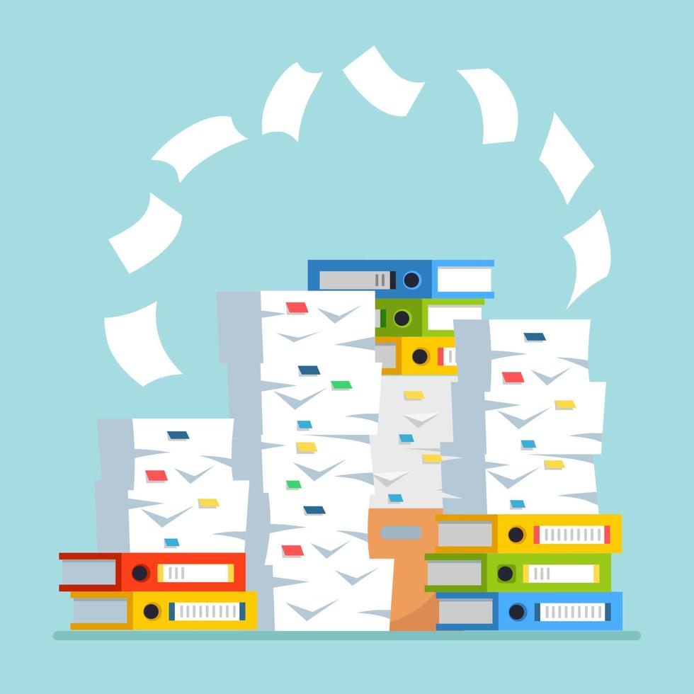Pile of paper, document stack with carton, cardboard box, folder. Paperwork. Bureaucracy concept. Vector cartoon design