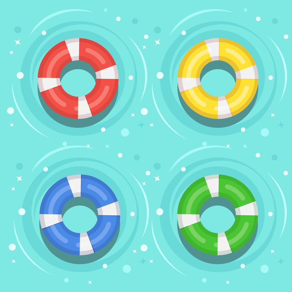 Life buoy floating in swimming pool. Beach rubber ring on water isolated on background. Lifebuoy, cute toy for children. Inflatable circle. Ship Rescue belt for saving people. Vector cartoon flat icon