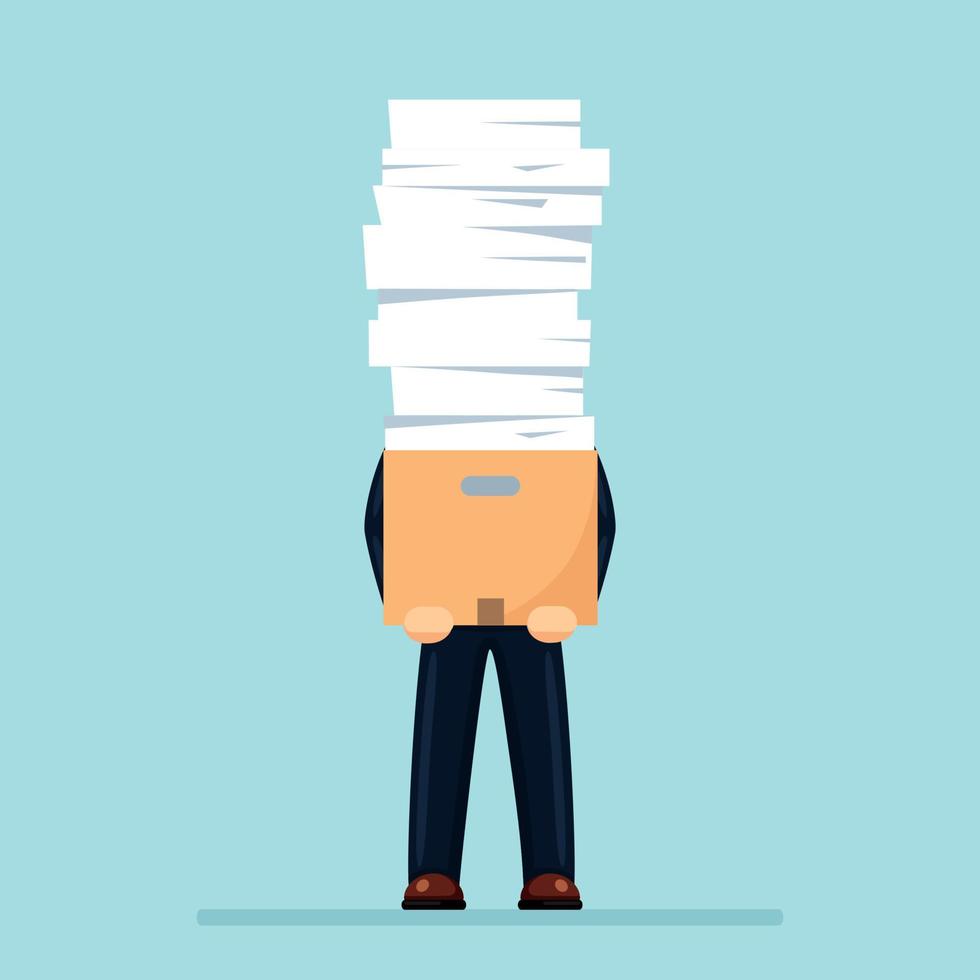 Pile of paper, busy businessman with stack of documents in carton, cardboard box. Paperwork. Bureaucracy concept. Stressed employee. Vector cartoon design