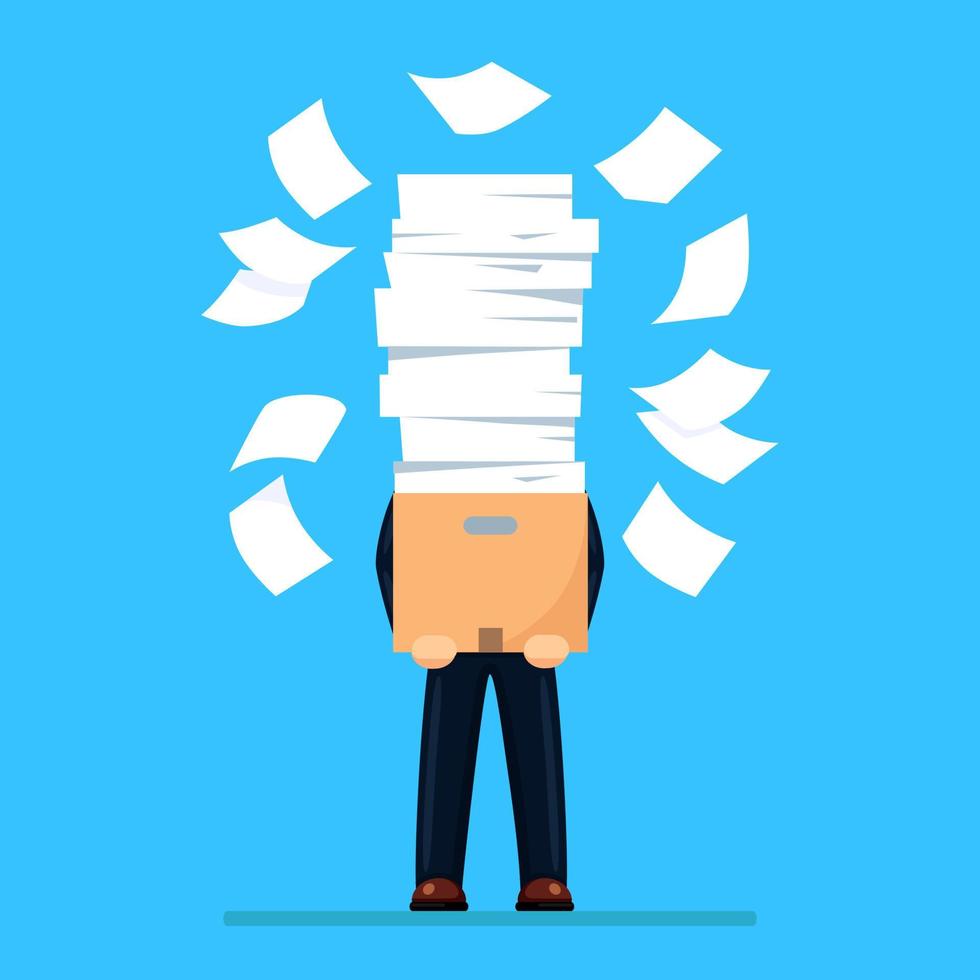 Pile of paper, busy businessman with stack of documents in carton, cardboard box. Paperwork. Bureaucracy concept. Stressed employee. Vector cartoon design