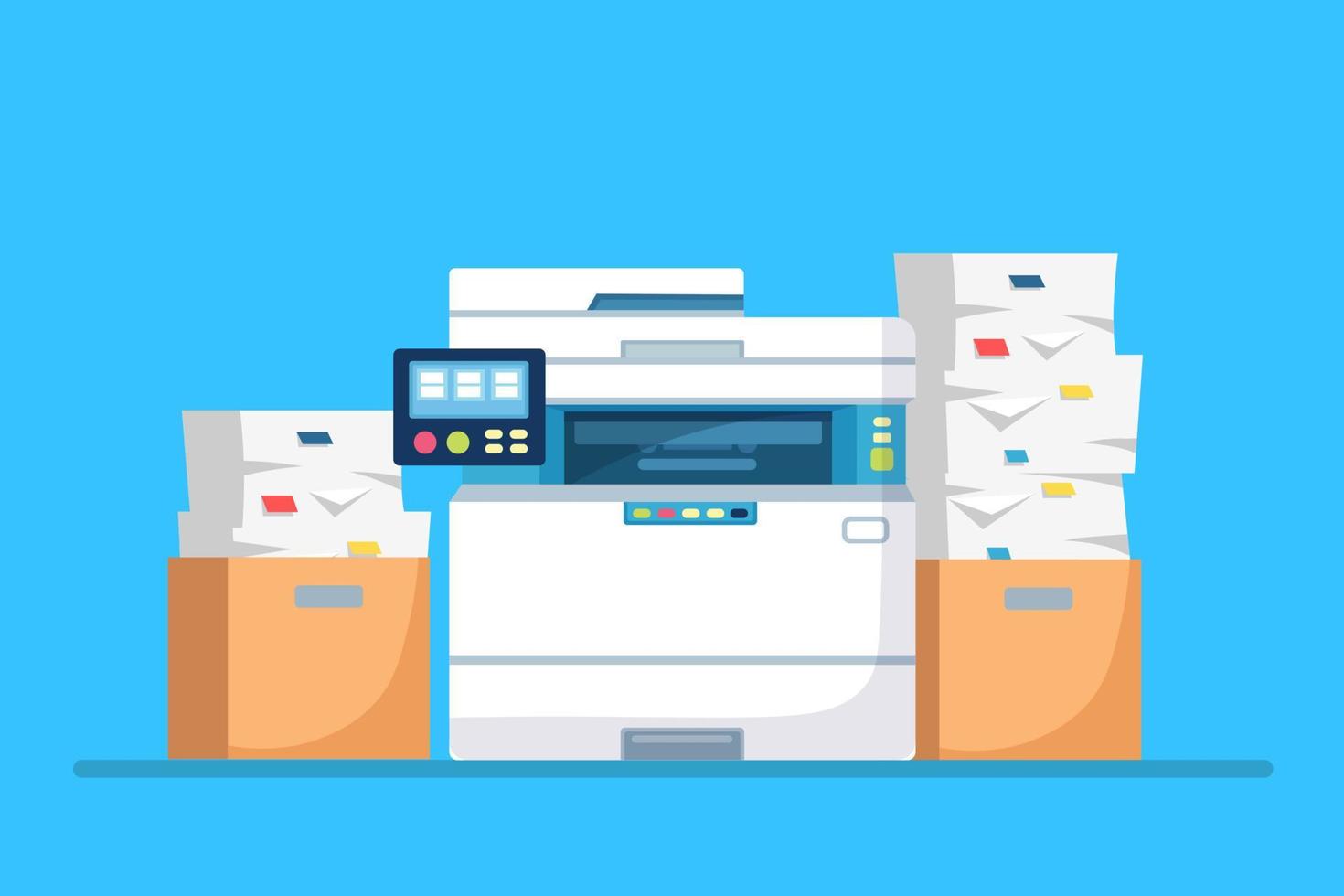 Printer, office machine with paper, document stack. Scanner, copy equipment. Multifunction device. Paperwork with carton, cardboard box. Vector cartoon design