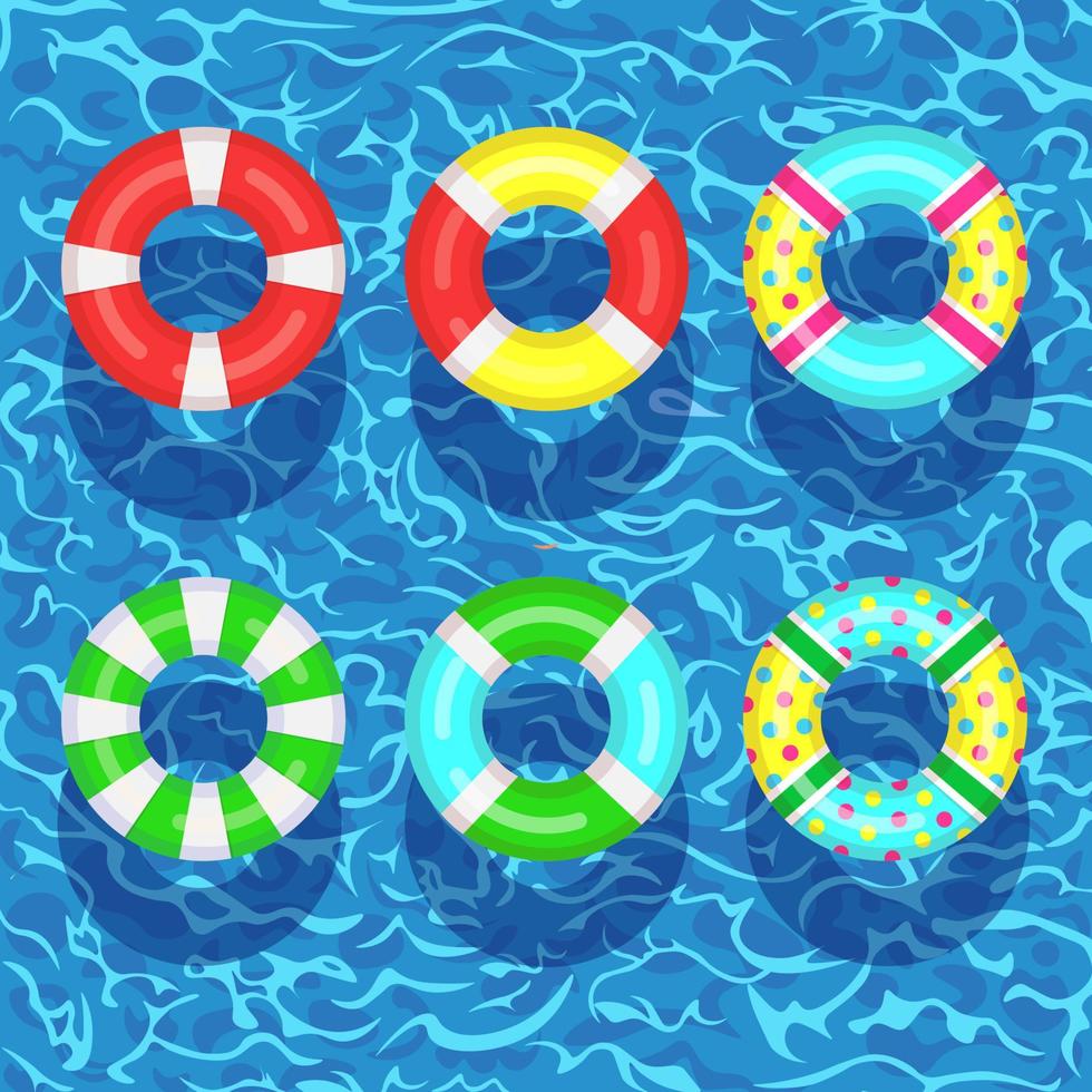 Life buoy floating in swimming pool. Beach rubber ring on water isolated on background. Lifebuoy, cute toy for children. Inflatable circle. Ship Rescue belt for saving people. Vector cartoon flat icon