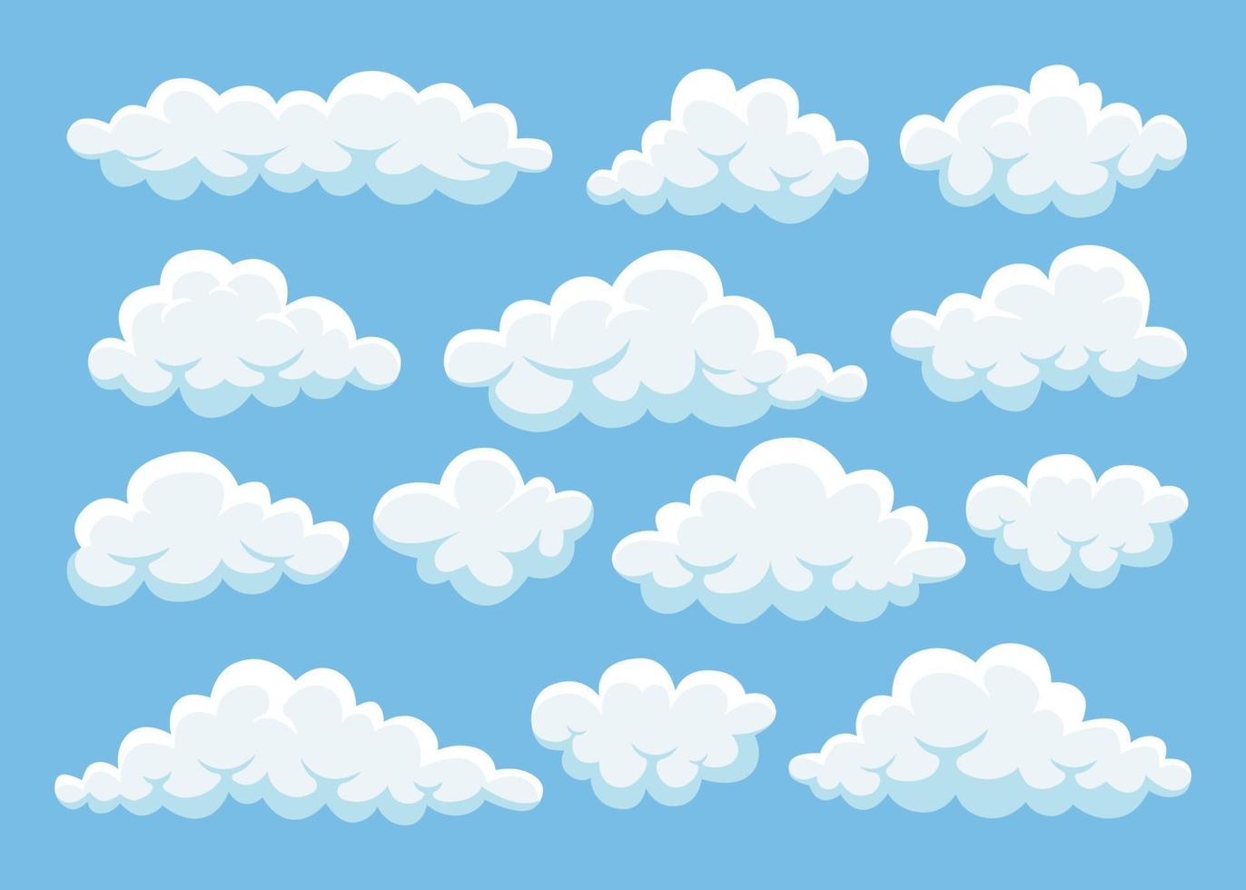 Cartoon clouds in blue sky. Cloudscape isolated on background. Heaven. Vector flat design