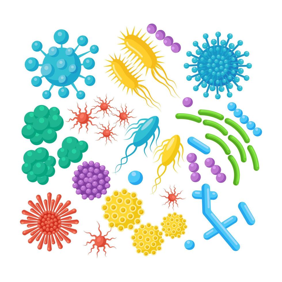 Set of bacteria, microbes, virus, germs. Disease-causing object isolated on background. Bacterial microorganisms, probiotic cells. Vector cartoon design.