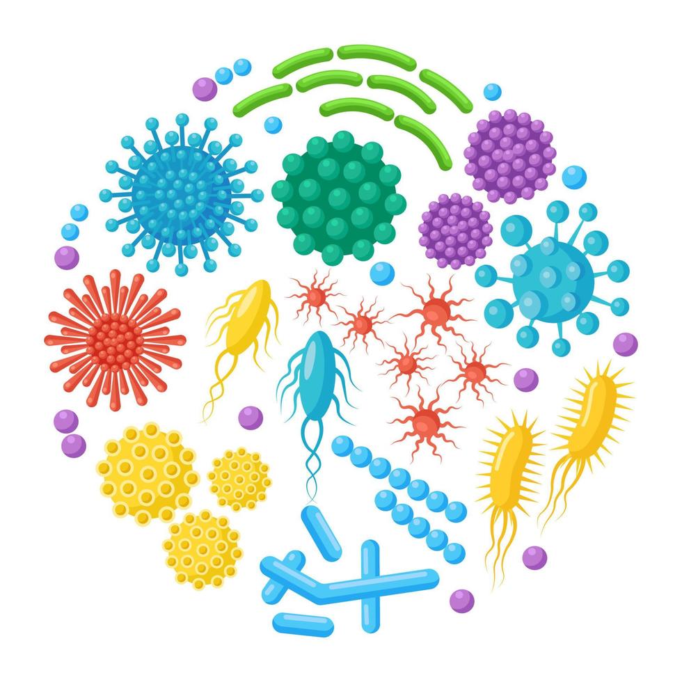 conjunto de bacterias, microbios, virus, gérmenes. objeto causante de enfermedades aislado en el fondo. microorganismos bacterianos, células probióticas. diseño de dibujos animados vectoriales. vector