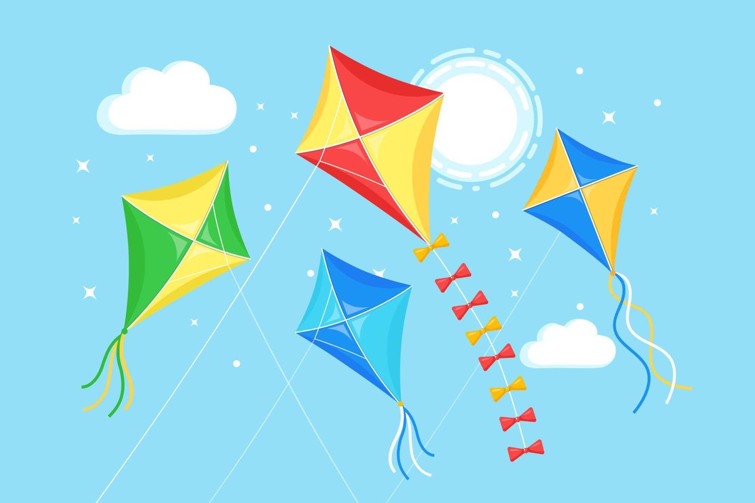 Colorful kite flying in blue sky, sun isolated on background. Summer, spring holiday, toy for child. Vector flat design
