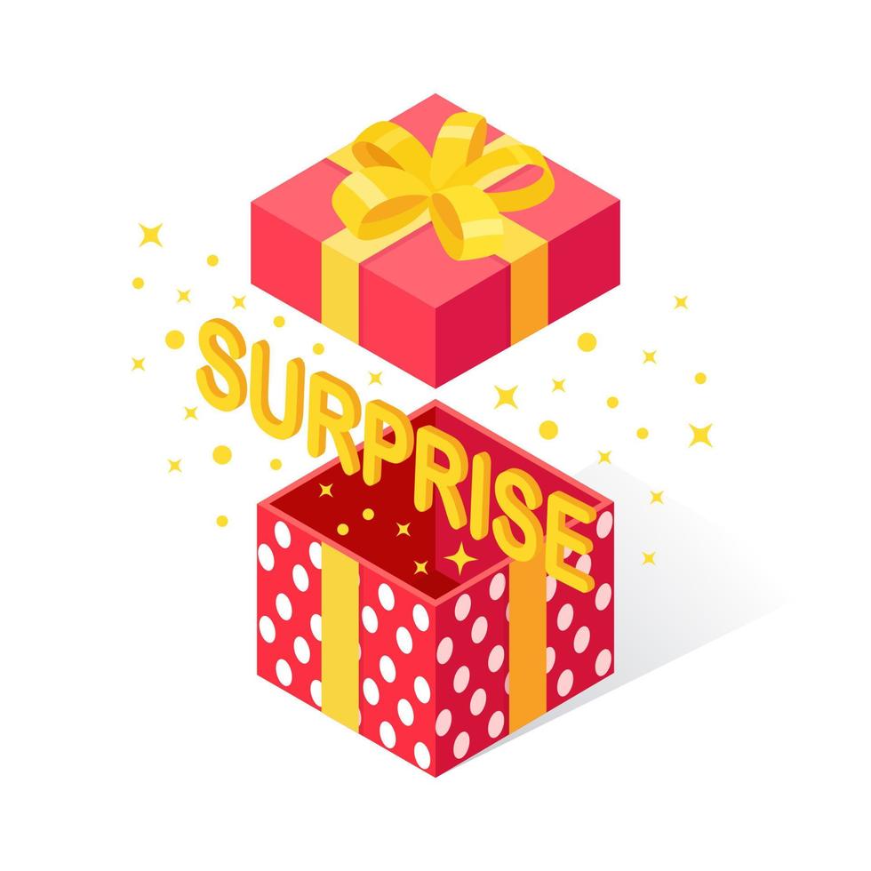 Opened gift box with bow, ribbon isolated on white background. 3d isometric red package, surprise with confetti. Sale, shopping. Holiday, christmas, birthday concept. Vector cartoon design