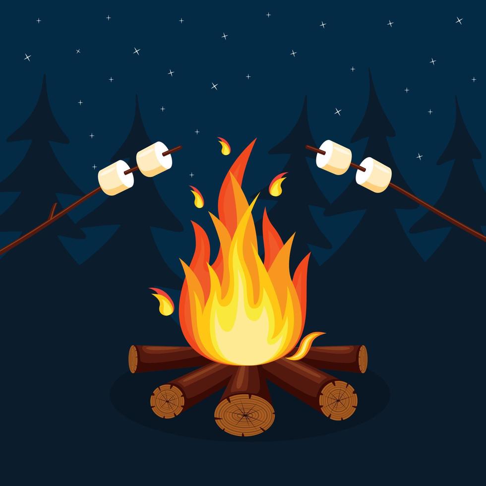 Cartoon fire flames, bonfire, campfire isolated on background. Vector flat design