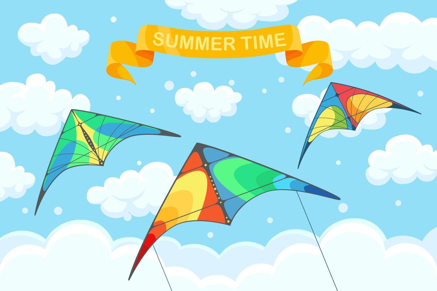 Flying colorful kite in the sky with clouds isolated on background. Summer festival, holiday, vacation time. Kitesurfing concept. Vector illustration. Flat cartoon design