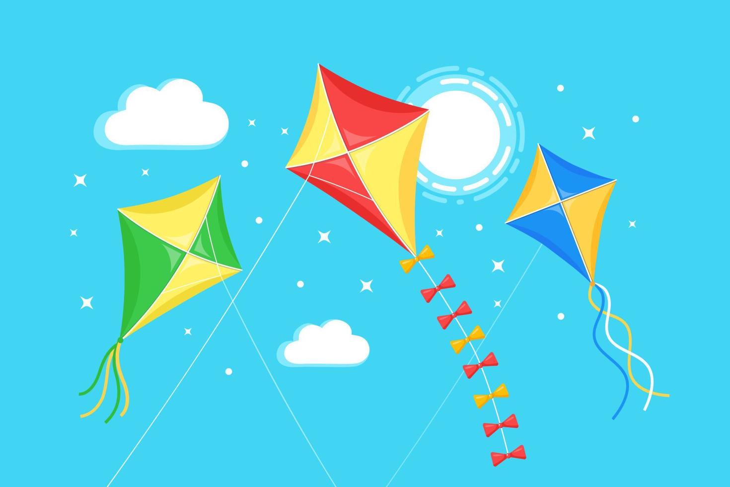 Colorful kite flying in blue sky, sun isolated on background. Summer, spring holiday, toy for child. Vector flat design