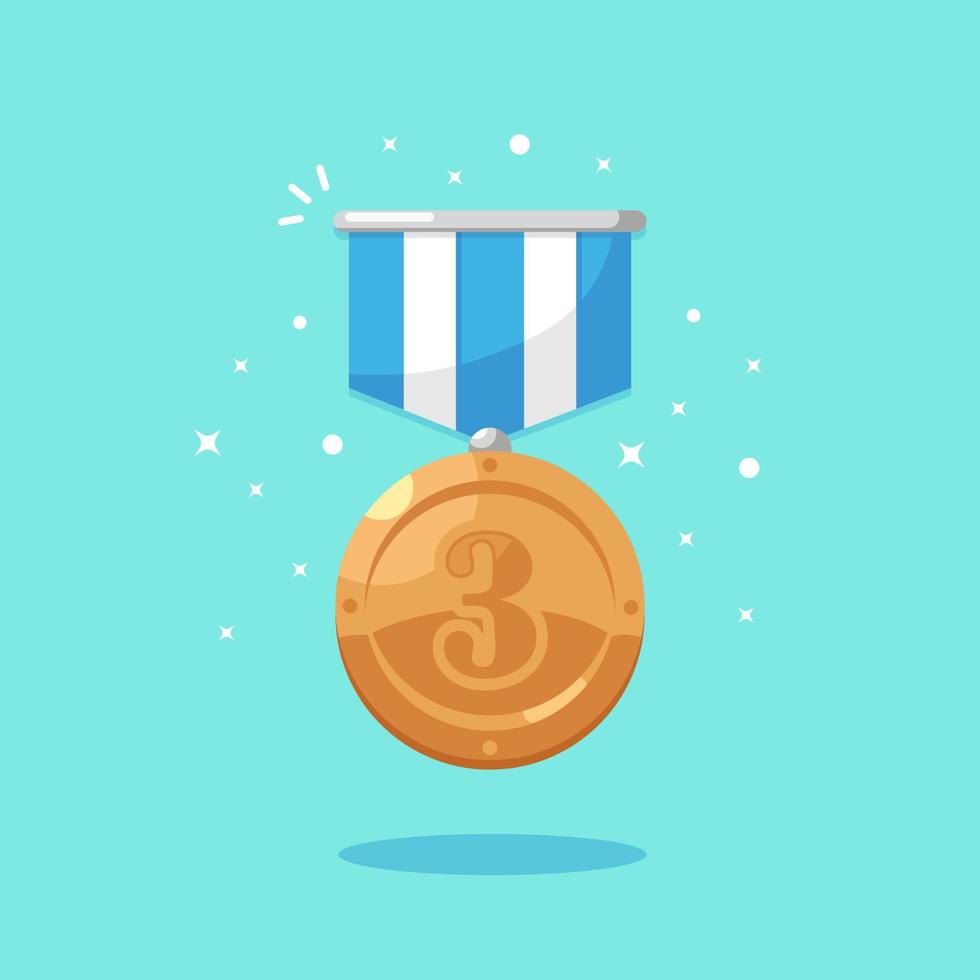 Bronze medal with blue ribbon for third place. Trophy, winner award isolated on background. Badge icon. Sport, business achievement, victory concept. Vector flat design