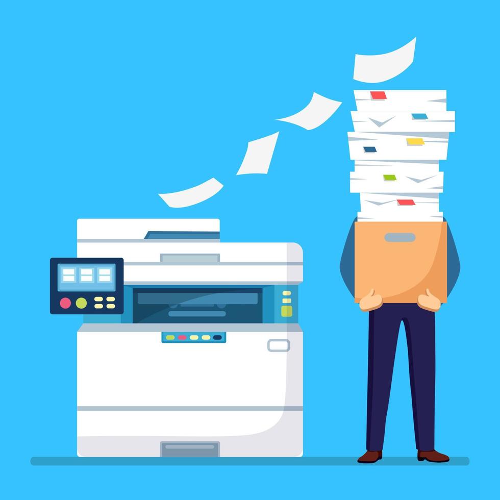 Pile of paper, busy businessman with stack of documents in carton, cardboard box. Paperwork with printer, office multifunction machine. Bureaucracy concept. Stressed employee. Vector cartoon design