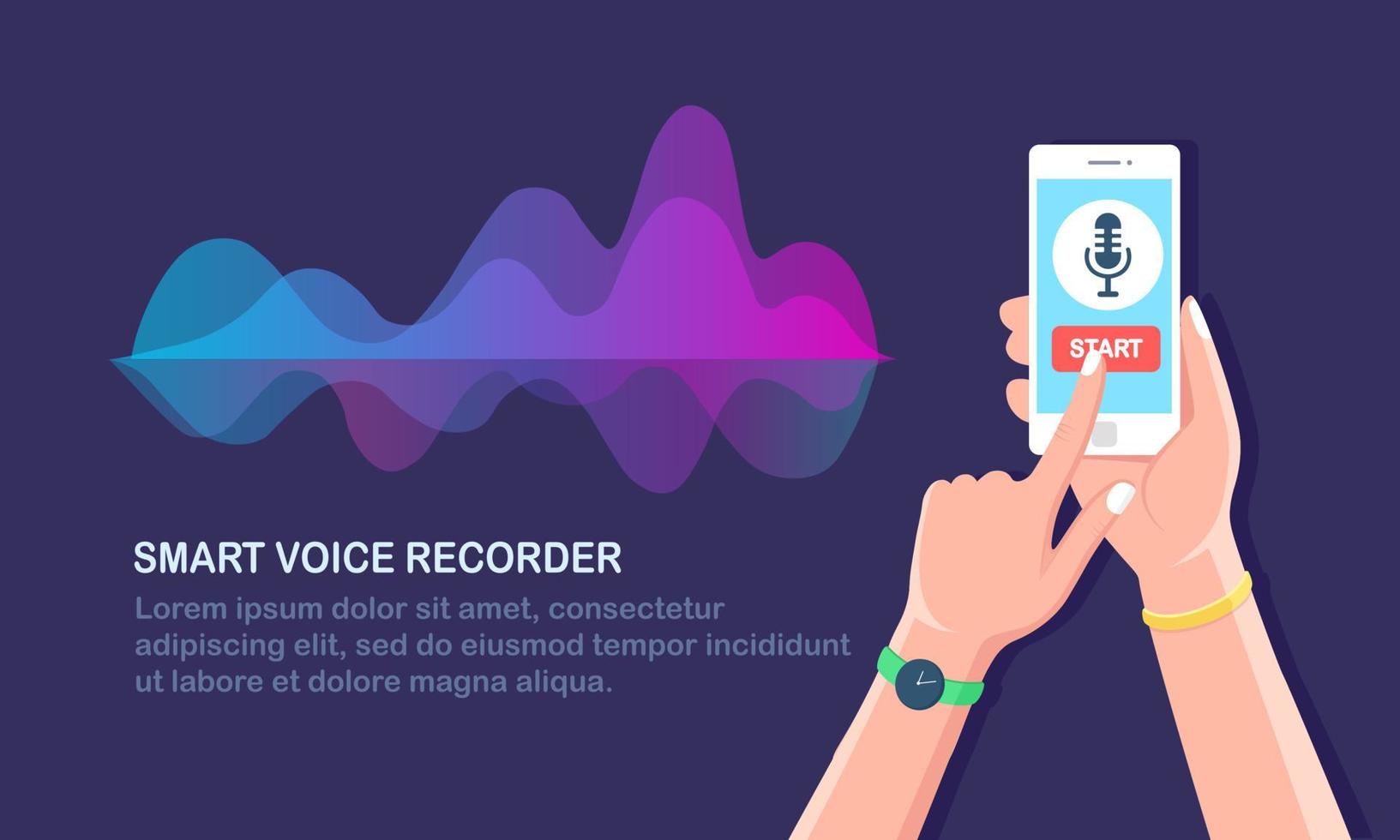 Sound audio gradient wave from equalizer. Cellphone with microphone icon on screen. Mobile phone app for digital voice radio record. Music frequency in color spectrum. Vector flat design
