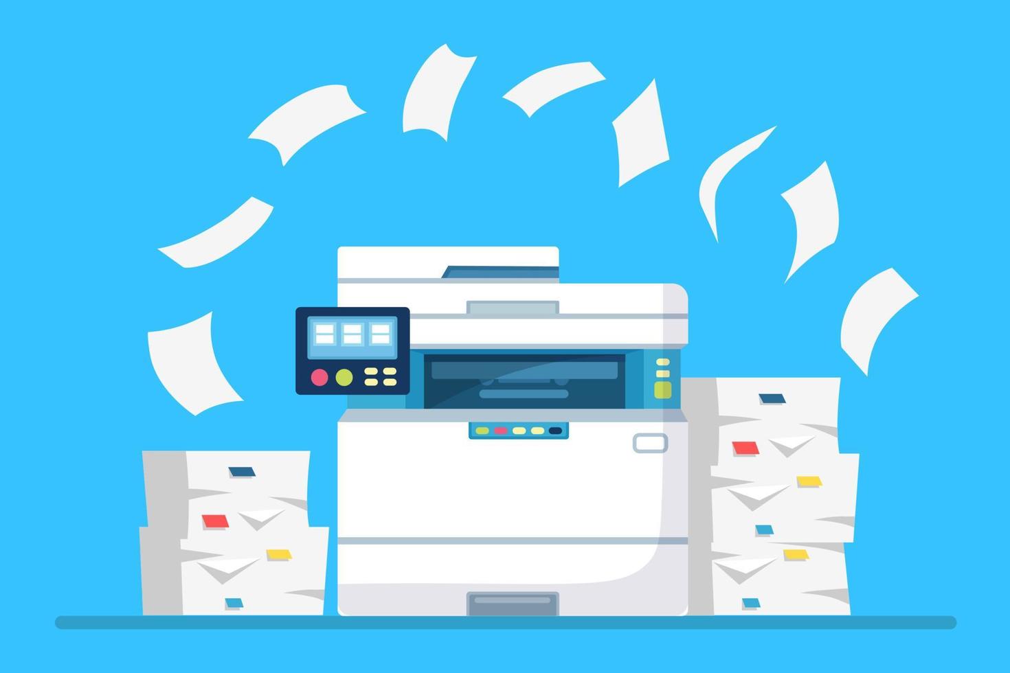 Printer, office machine with paper, document stack. Scanner, copy equipment. Paperwork. Multifunction device. Vector cartoon design