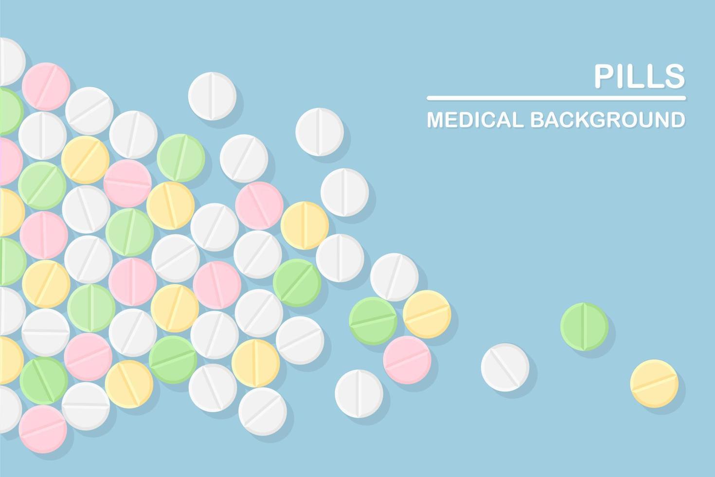 Set of pills, medicine, drugs. Painkiller Tablet, vitamine, pharmaceutical antibiotics. Medical background. Vector cartoon design