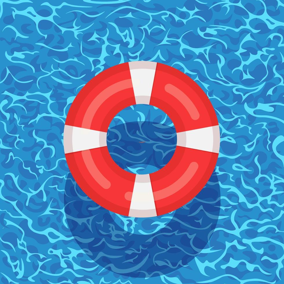 boya de vida flotando en la piscina. anillo de goma de playa en agua aislado en el fondo. aro salvavidas, lindo juguete para niños. círculo inflable. cinturón de rescate de barcos para salvar personas. icono plano de dibujos animados de vector