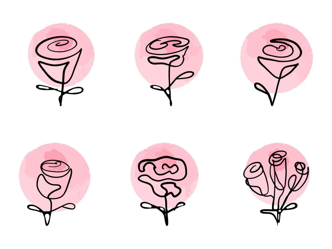 Set of roses drawn in one line with pink watercolor spots on the back. Vector set of hand drawn, single continuous line flowers with pastel color spots.