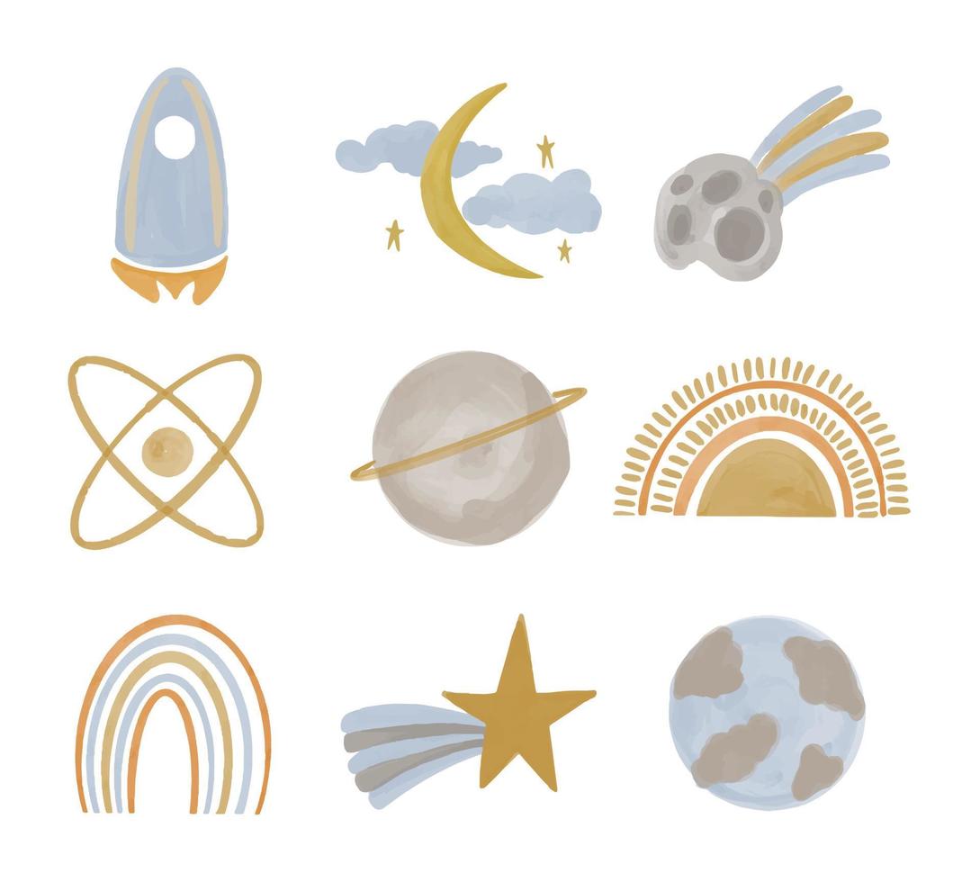 Collection of space objects hand drawn with watercolors in boho style. vector