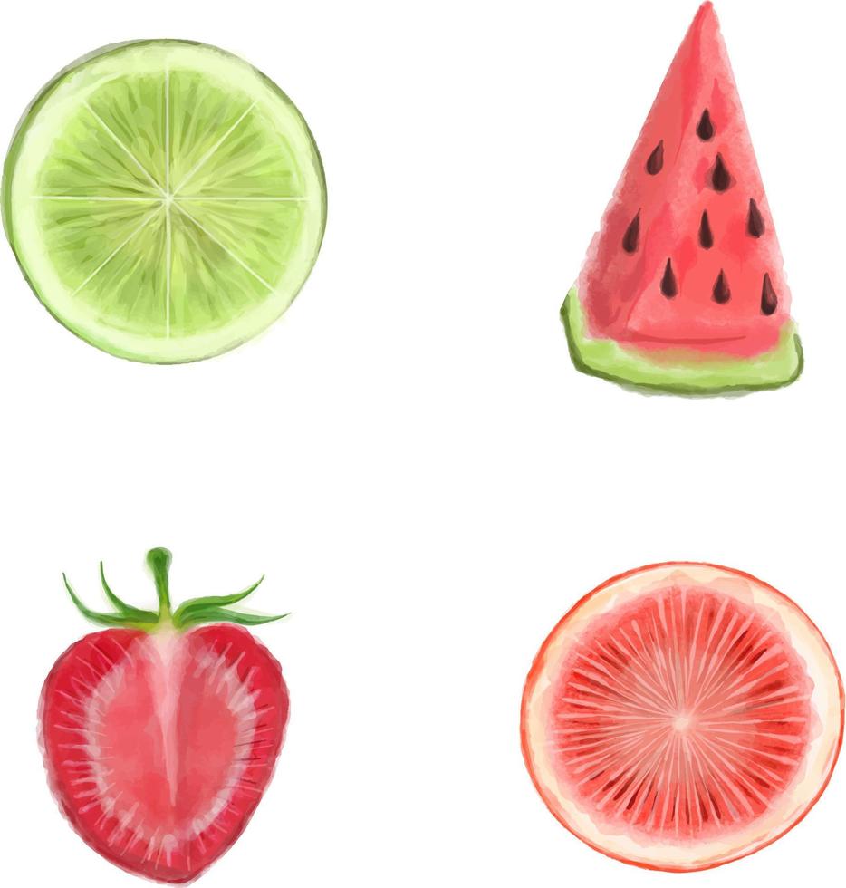 colección vectorial de frutas pintada a mano con acuarela. fruta jugosa y colorida sobre fondo blanco, incluyendo sandía, fresa, lima, pomelo. vector