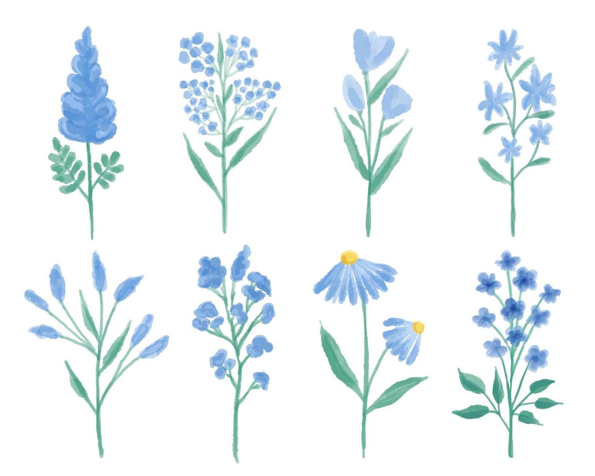 una colección de flores silvestres azules pintadas a mano en acuarela. vector