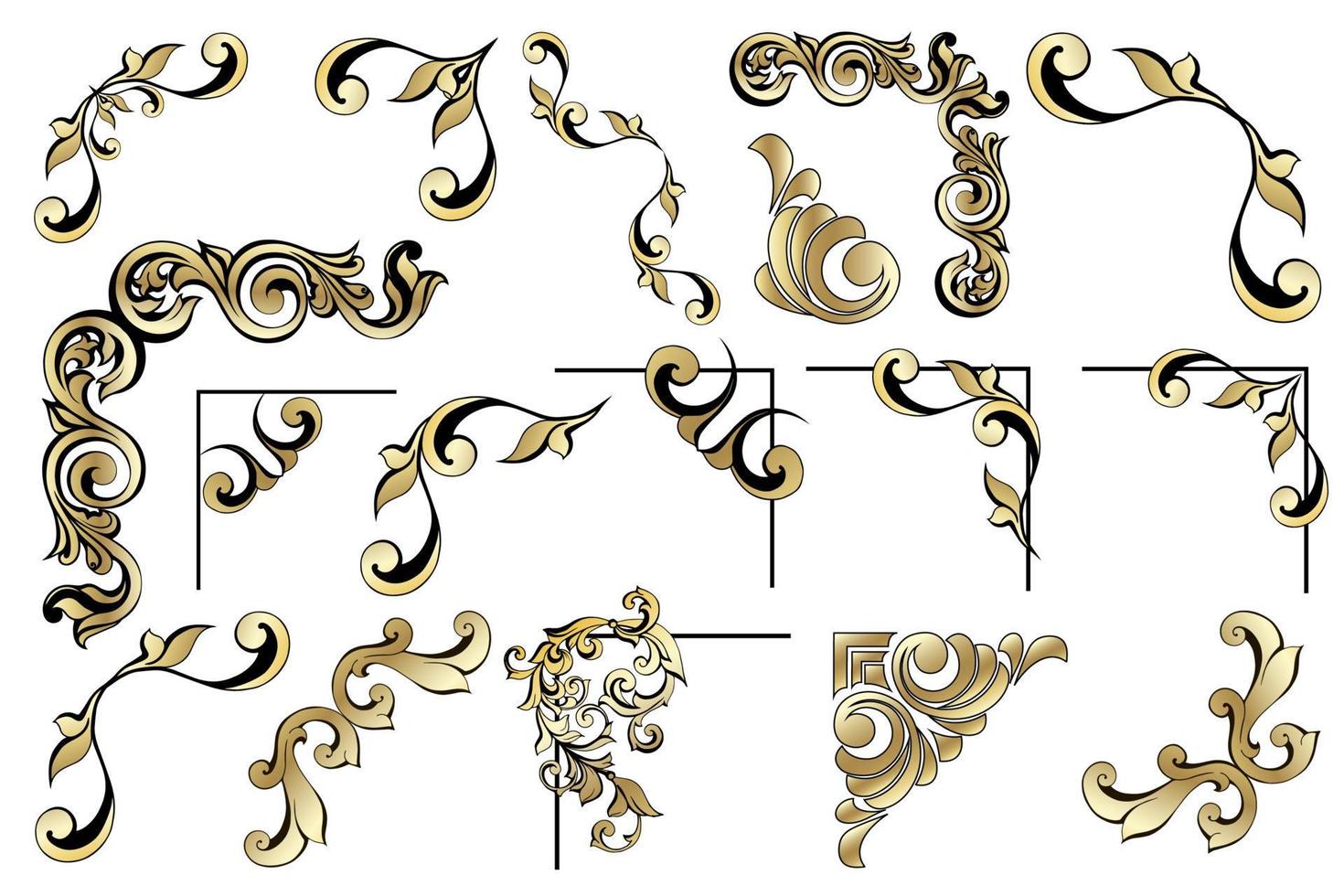 Vector set of vintage baroque corners and dividers.Border,angle,swirl,antique  acanthus,damask scroll ornament swirl.Victorian monogram heraldic shield swirl.Retro floral leaf pattern border foliage