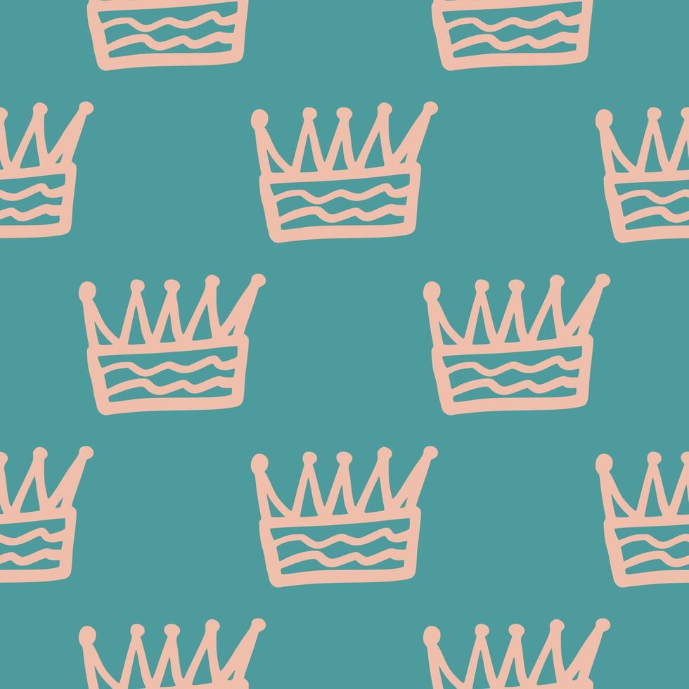 Pink contoured crown outline abstract elements seamless pattern. Turquoise background. Simple doodle print. vector
