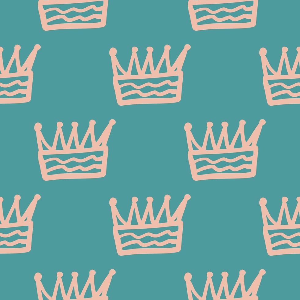 Pink contoured crown outline abstract elements seamless pattern. Turquoise background. Simple doodle print. vector