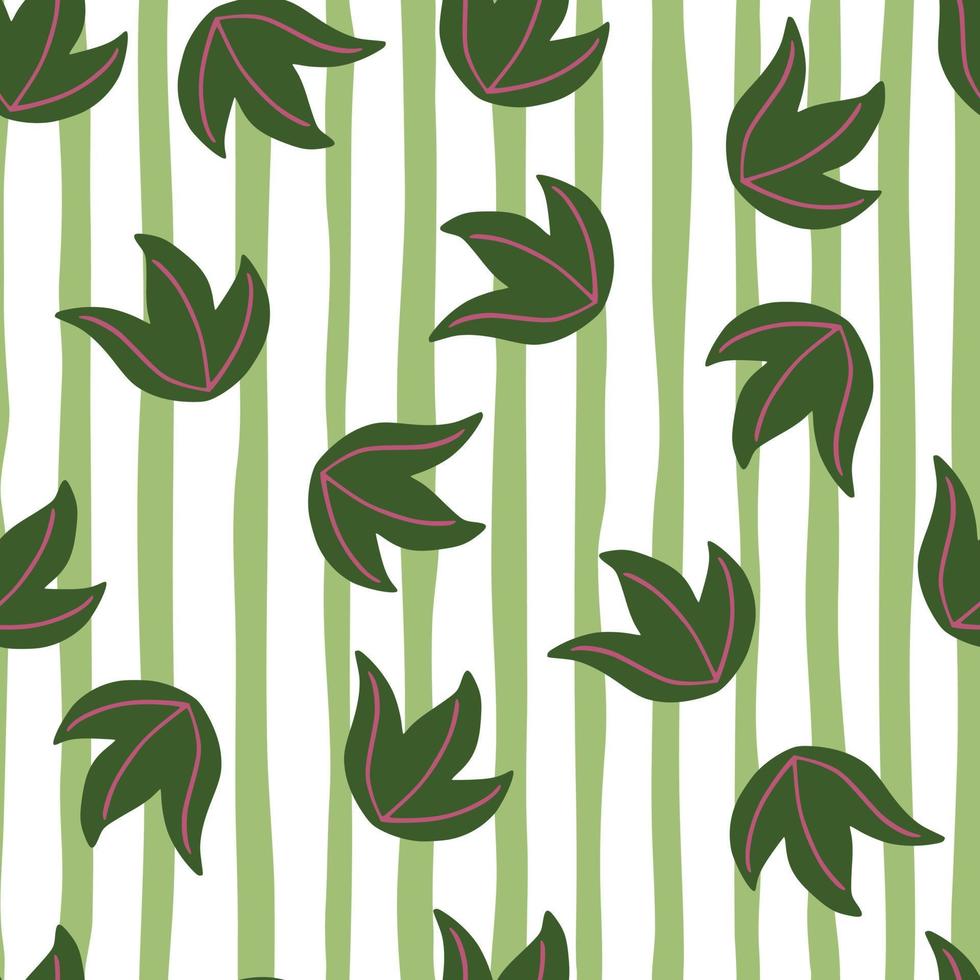 Seamless pattern with random green leaf bush ornament. Striped background. Simple style. vector
