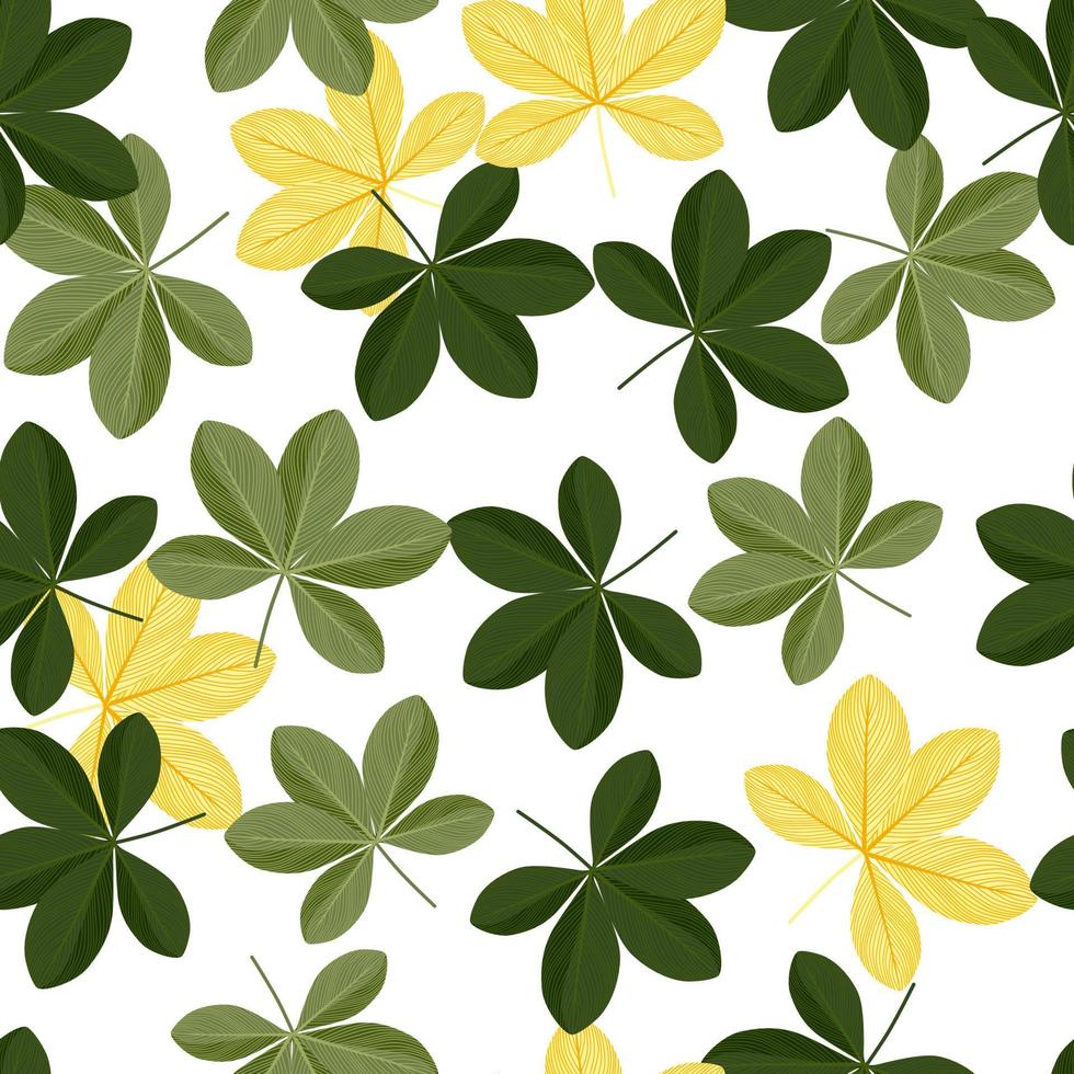 Botanic seamless pattern with random green and yellow scheffler flowers print. White background. vector