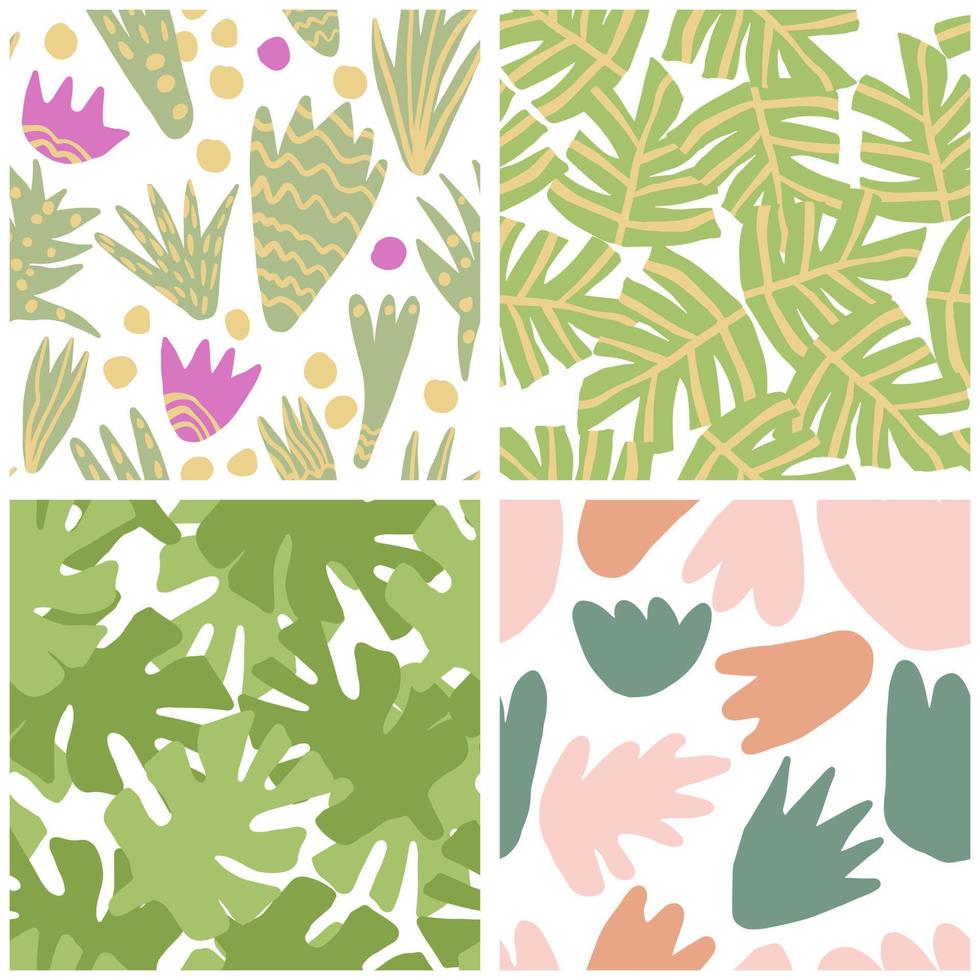 Set of simple freehand tropical green leaves seamless pattern. vector