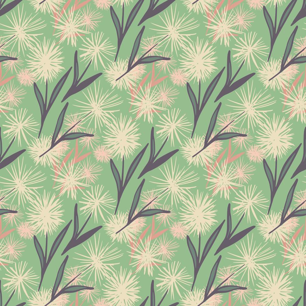 Spring dandelion seamless hand drawn pattern. Light tones flowers with purple leaves on light green background. vector