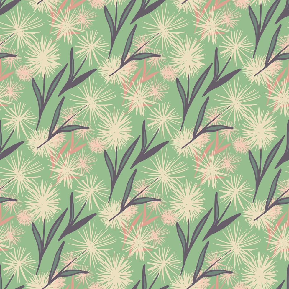 patrón dibujado a mano sin costuras de diente de león de primavera. flores de tonos claros con hojas de color púrpura sobre fondo verde claro. vector