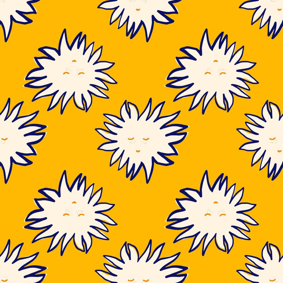 Childish seamless pattern with funny sun face ornament. Yellow bright backdrop. White cute characters with navy blue contour. vector