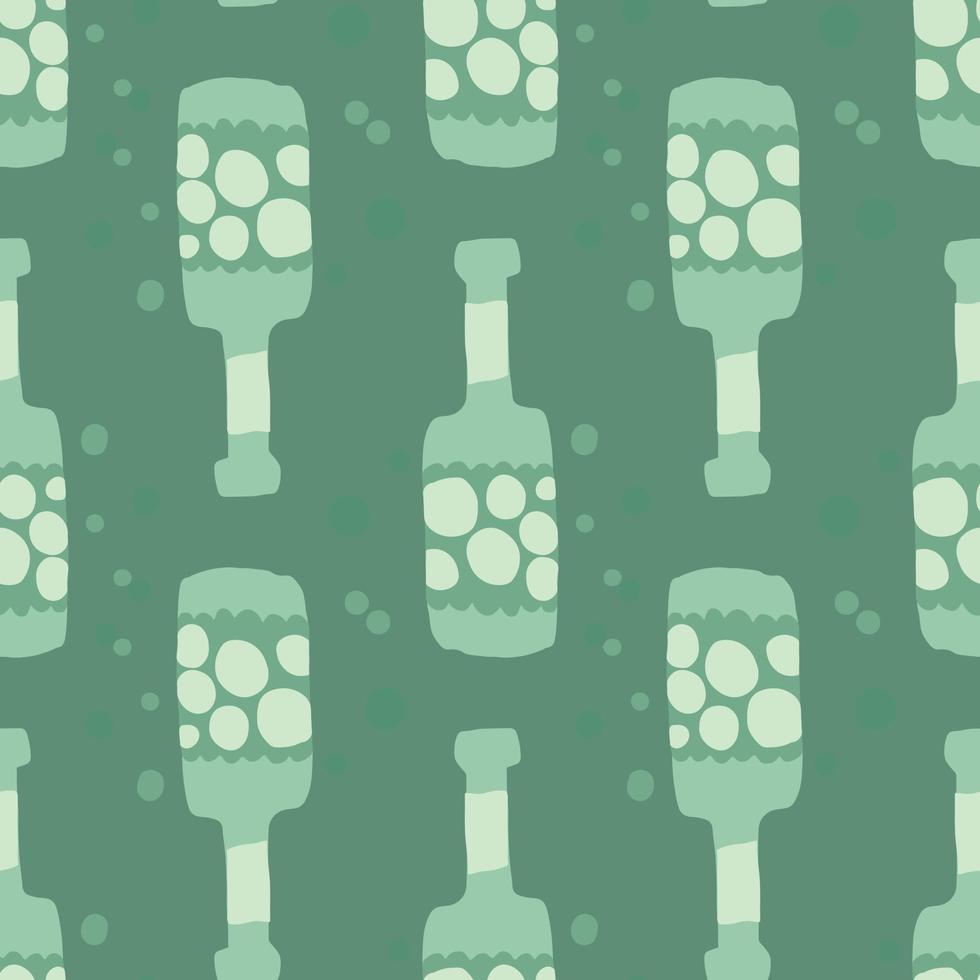 Doodle alcohol rum bottles on green background. Green glass bottle seamless pattern. vector